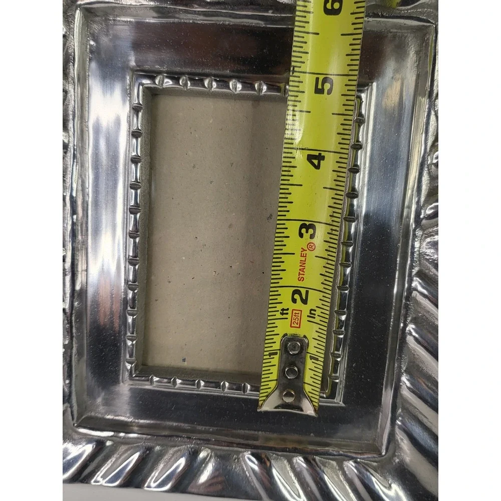 Vintage Silver Tone Metal Ribbed Pleated Picture Frame Beaded Trim 4x6 Tabletop